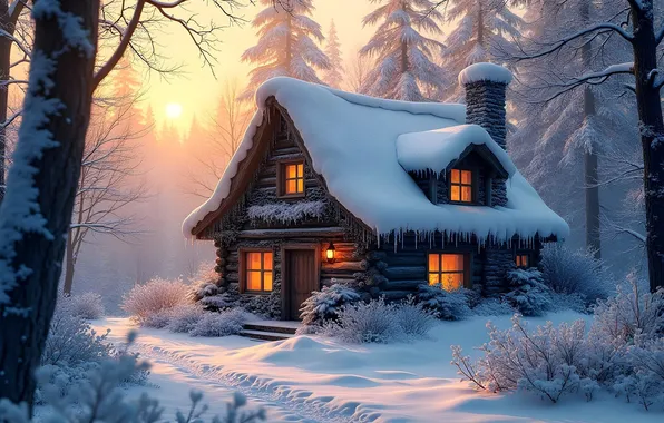 House Forest Sunset Winter Snow Sunrise Wooden