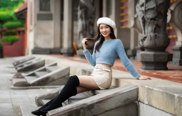 Asian Long Hair Model Women Sitting Dark Hair Boots