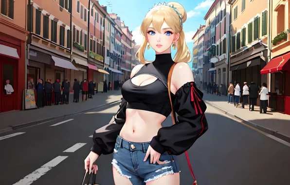 Blonde Belly Anime Girls Denim Looking At Viewer