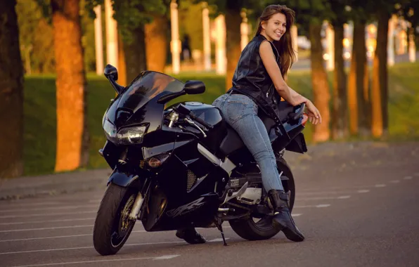 Обои ass road trees motorcycle model women jeans brunette на