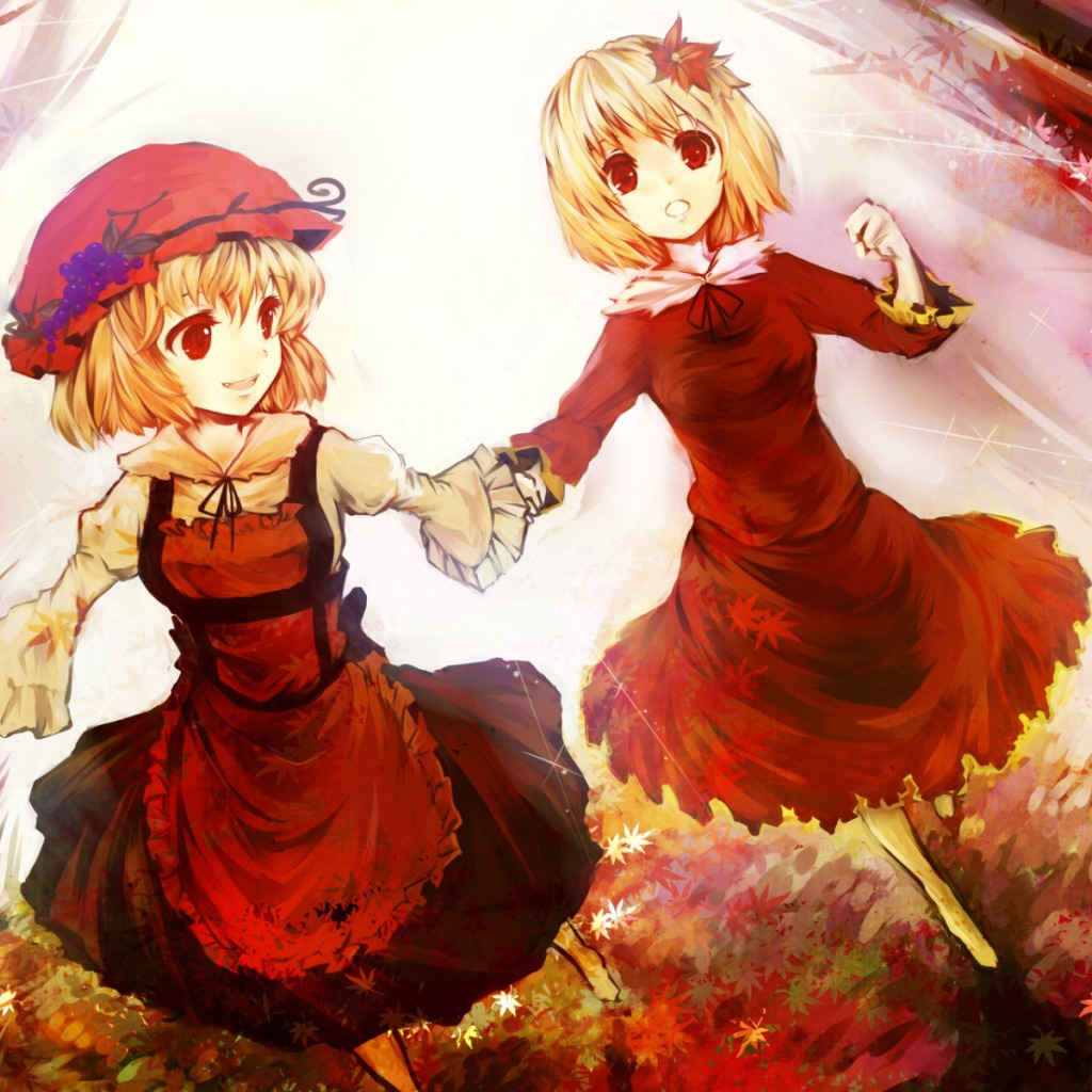 Скачать обои осень, листья, красные глаза, сестры, touhou, бегут, фартук,  Touhou Project, раздел игры в разрешении 1024x1024