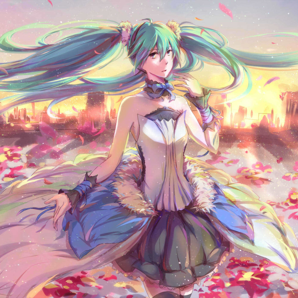 Скачать обои девушка, цветы, город, vocaloid, hatsune miku, жест, вокалоид,  art, раздел аниме в разрешении 1024x1024