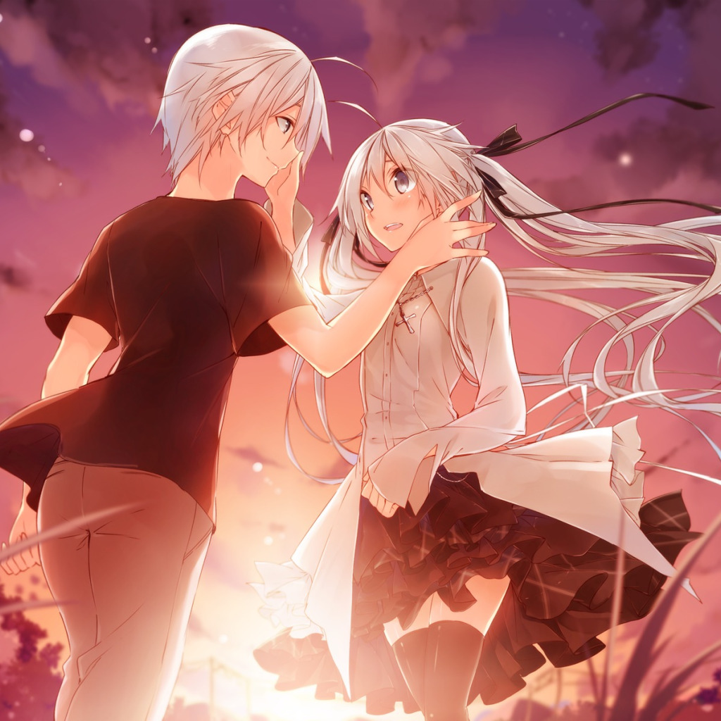 Скачать обои улыбка, рассвет, платье, пара, Аниме, белые волосы, kasugano  sora, Yosuga no Sora, раздел прочее в разрешении 1024x1024