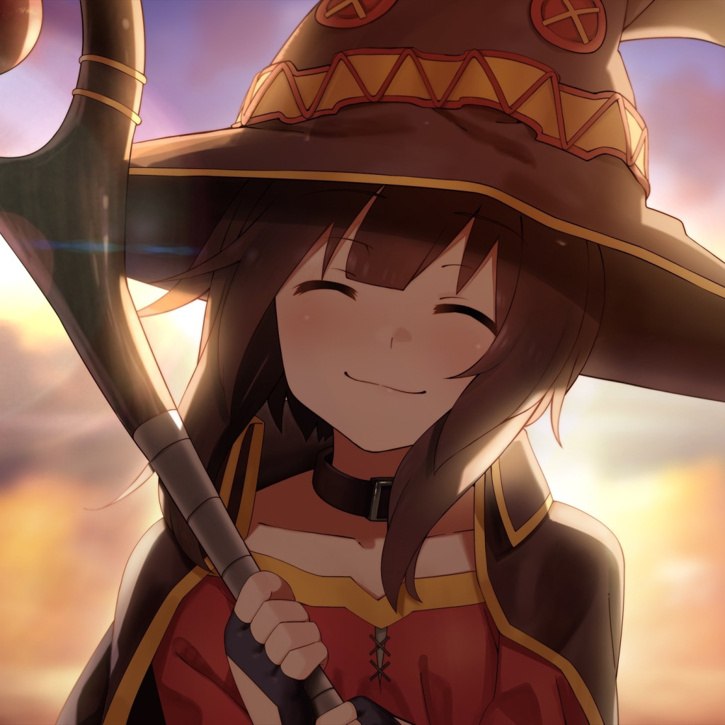 Скачать обои девушка, улыбка, anime, art, Kono Subarashii Sekai ni  Shukufuku wo, Megumin, раздел прочее в разрешении 1024x1024