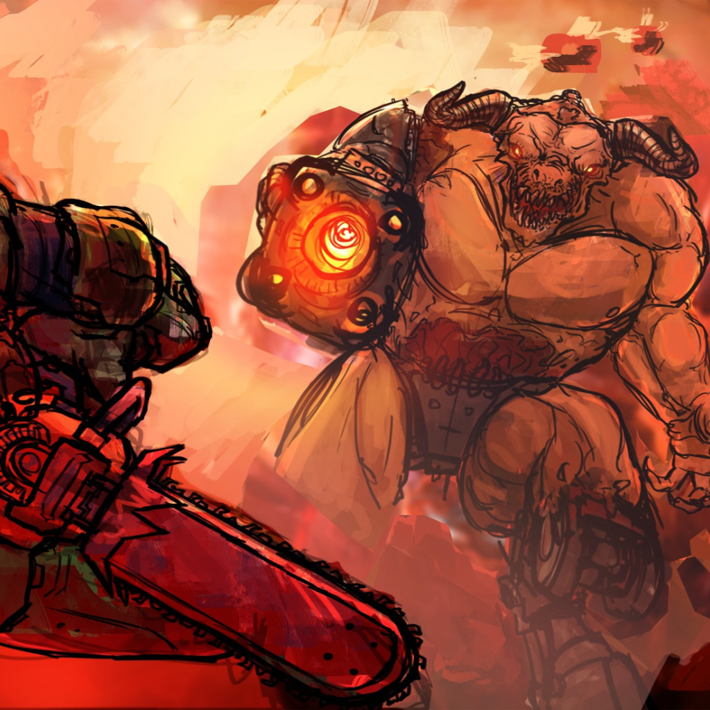 demon, soldier, shotgun, <b>fan</b> art, <b>DOOM</b>, chainsaw. 