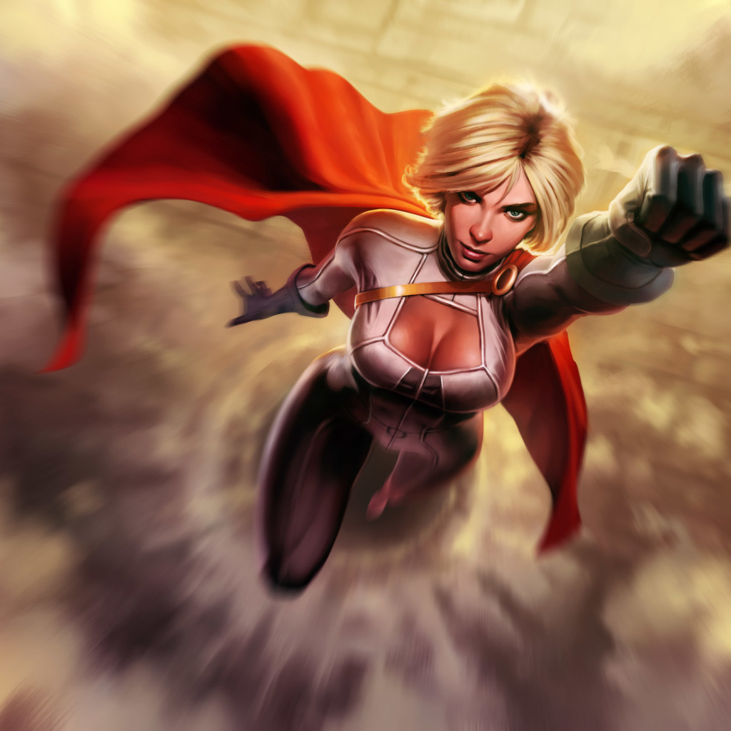 Скачать обои небо, девушка, облака, полет, арт, костюм, power girl, раздел  фантастика в разрешении 1024x1024