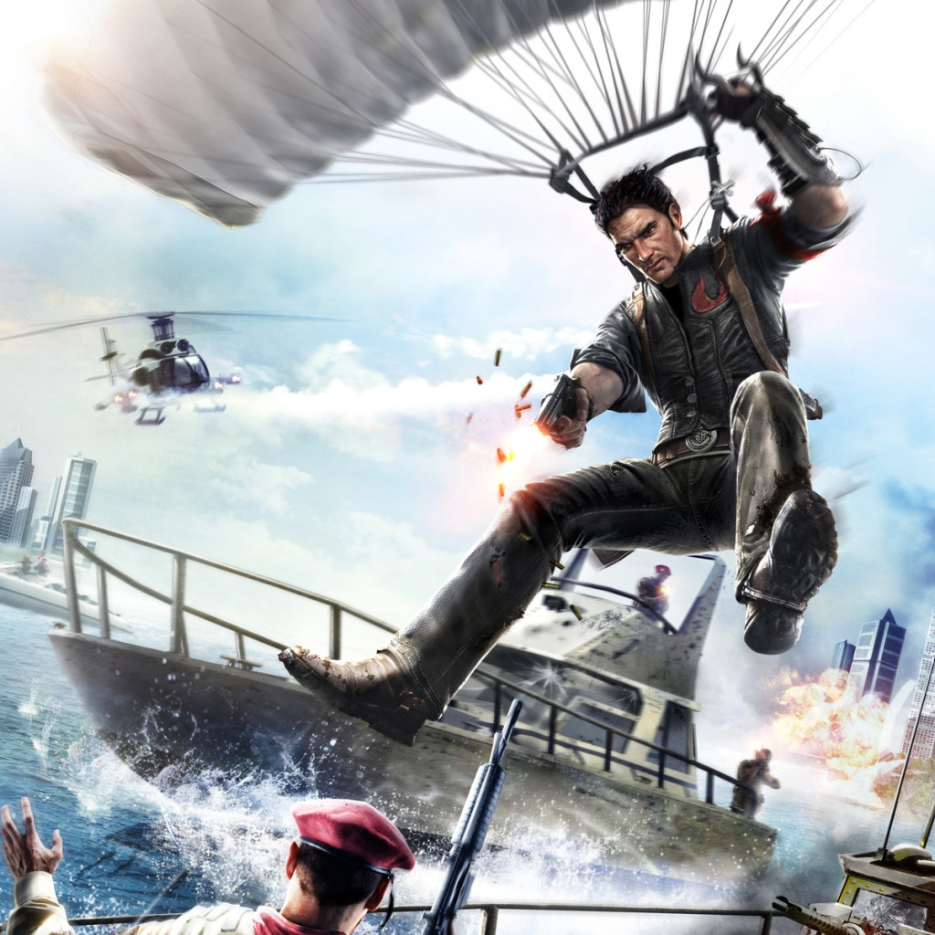 Скачать обои прыжок, лодка, вертолет, мужчина, helicopter, Парашют, Rico  Rodriguez, Just Cause 2, раздел игры в разрешении 1024x1024