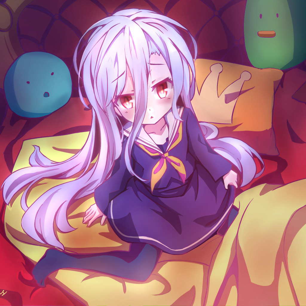 Скачать обои игрушки, кровать, anime, art, смущение, Shiro, No game no  life, раздел прочее в разрешении 1024x1024