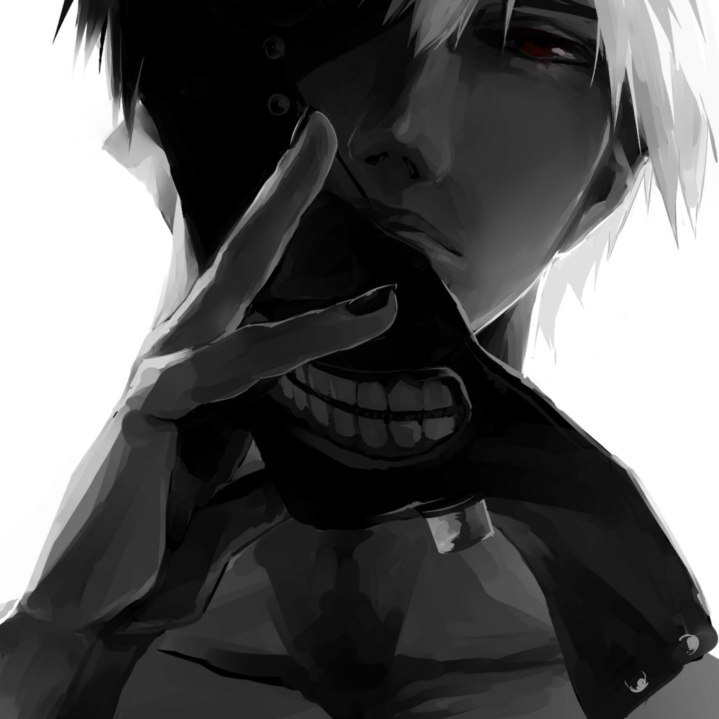 Скачать обои аниме, маска, арт, парень, монохромное, токийский гуль, tokyo  ghoul, kaneki ken, раздел сэйнэн в разрешении 1024x1024