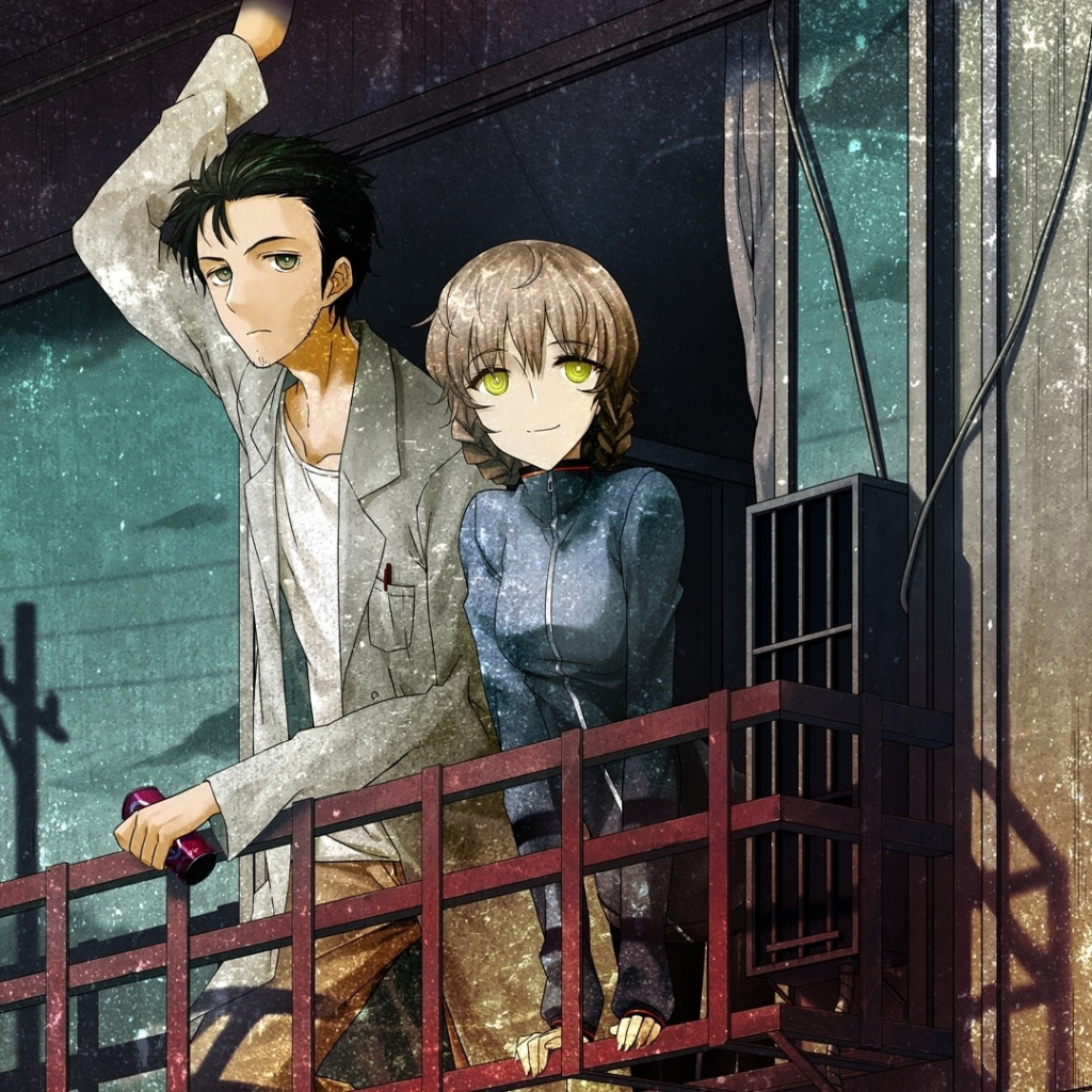 Скачать обои девушка, аниме, арт, иероглифы, банка, балкон, парень,  Steins;Gate, раздел аниме в разрешении 1024x1024