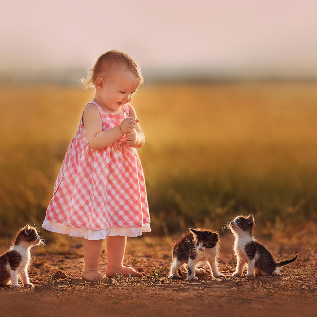 Гуляем крошки. Девочка с котятами. Маленький котенок для детей. Ребенок. Маленькие детки.