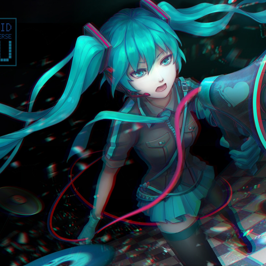 Скачать обои девушка, аниме, наушники, арт, микрофон, vocaloid, hatsune  miku, громкоговоритель, раздел прочее в разрешении 1024x1024