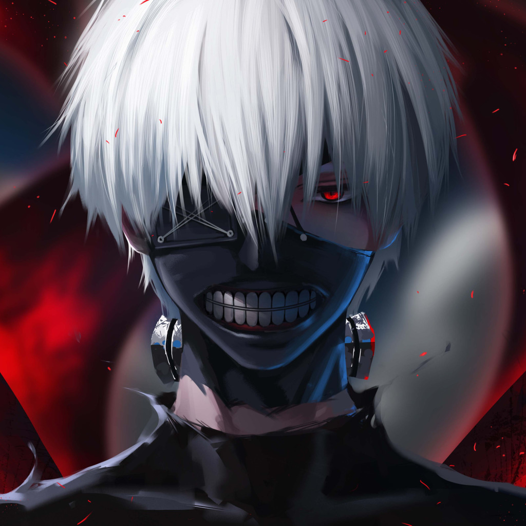 Скачать обои fantasy, anime, red eyes, digital art, artwork, mask, fantasy  art, white hair, раздел сэйнэн в разрешении 1024x1024