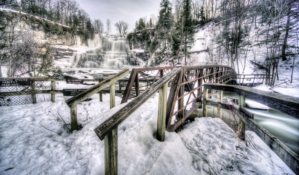 зима, снег, деревья, горы, мост, скалы, водопад, США