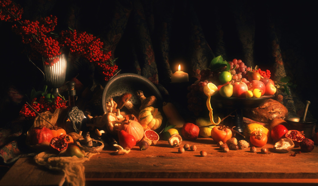 осень, яблоки, свечи, октябрь, урожай, тыква, фрукты, орехи