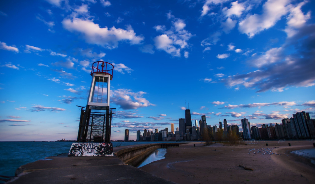 city, огни, небоскребы, вечер, Чикаго, панорама, USA, США