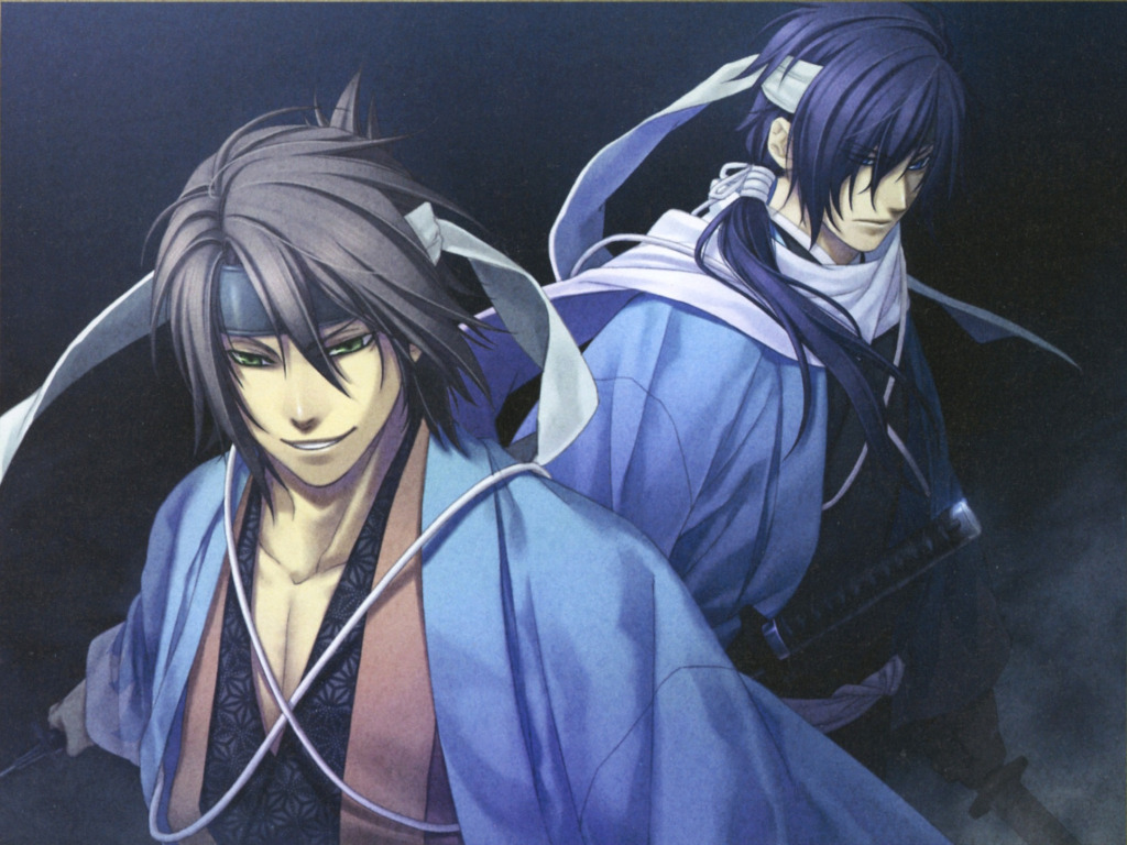 Скачать обои плащ, hakuouki shinsengumi kitan, okita souji, повязка на лоб,  saito hajime, ухмылка, шарф, демоны бледной сакуры, раздел сёнэн в  разрешении 1024x768