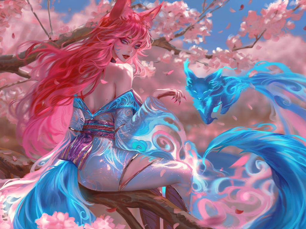 Скачать обои девушка, дух, сакура, фэнтези, лиса, цветение, League of  Legends, Ahri, раздел игры в разрешении 1024x768