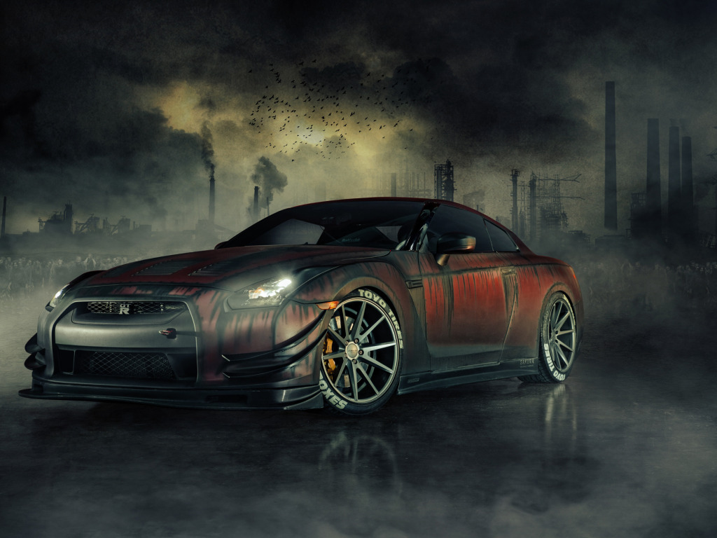 Скачать обои Nissan, Zombie, GT-R, Front, R35, Dead, Killer, Walking,  раздел nissan в разрешении 1024x768