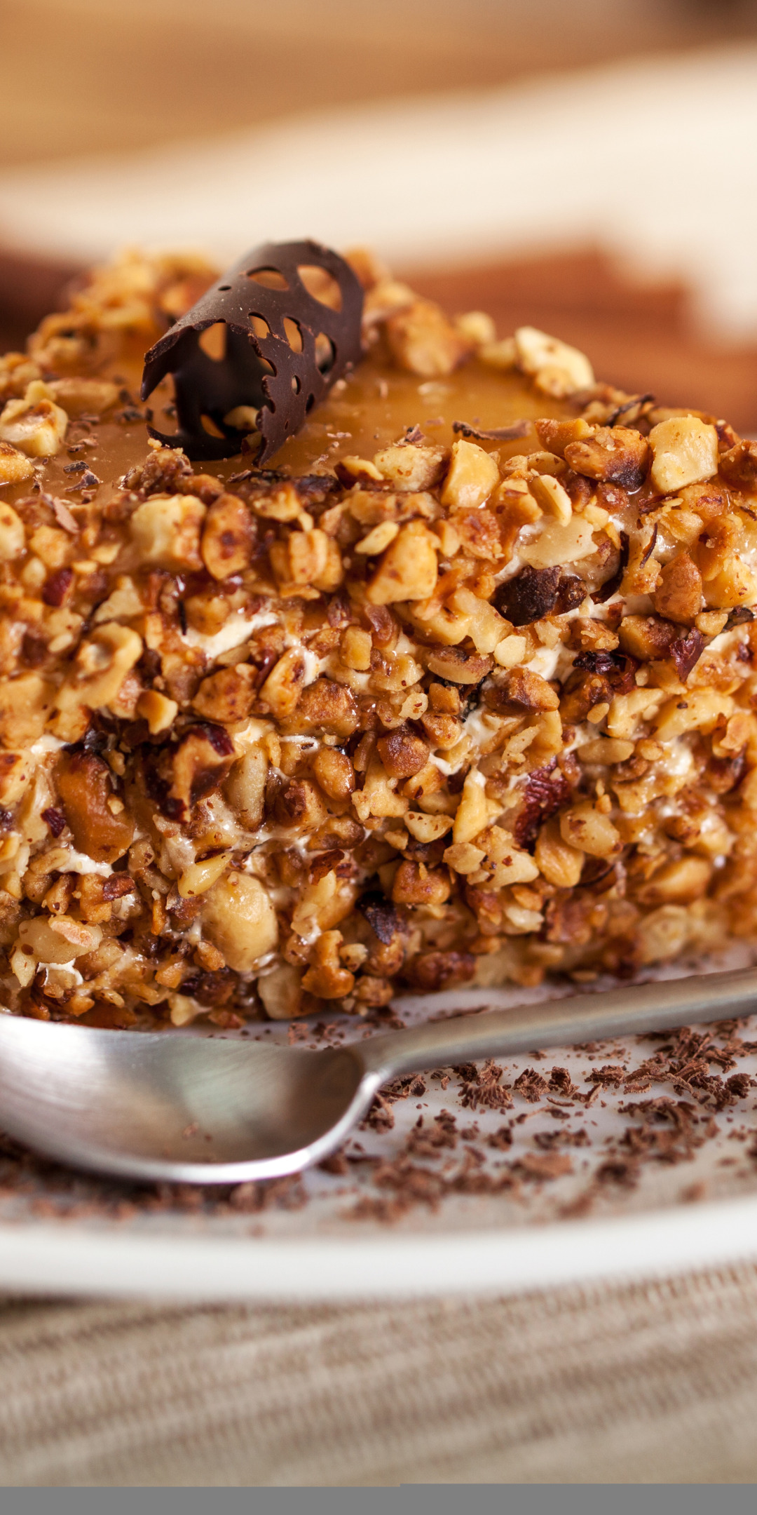 шоколад, тарелка, ложка, торт, орехи, десерт, сладкое, кусочек