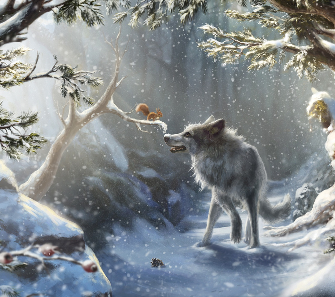Белка и волк читать. Художник Marie Beschorner. Волк сказочный. Волк зимой в лесу. Сказочный зимний лес.