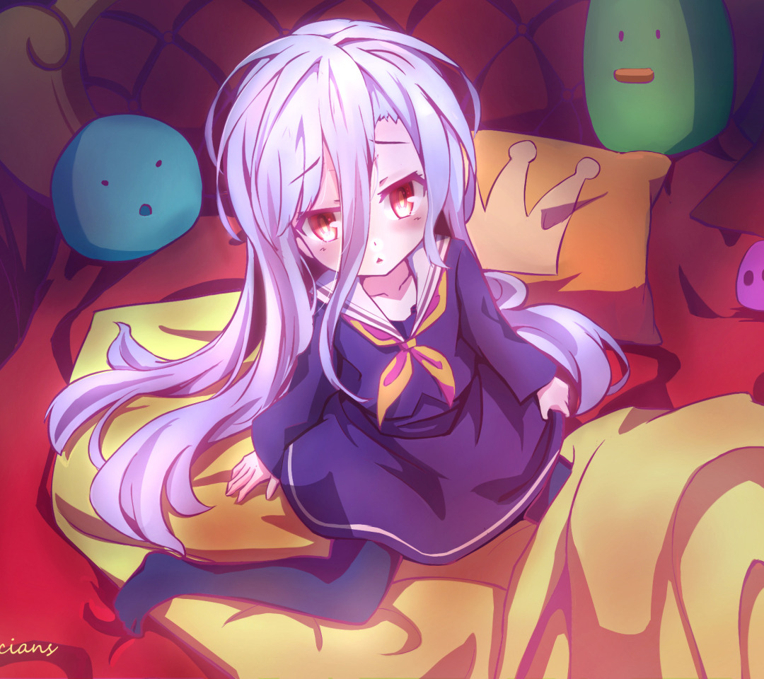 Скачать обои игрушки, кровать, anime, art, смущение, Shiro, No game no  life, раздел прочее в разрешении 1080x960