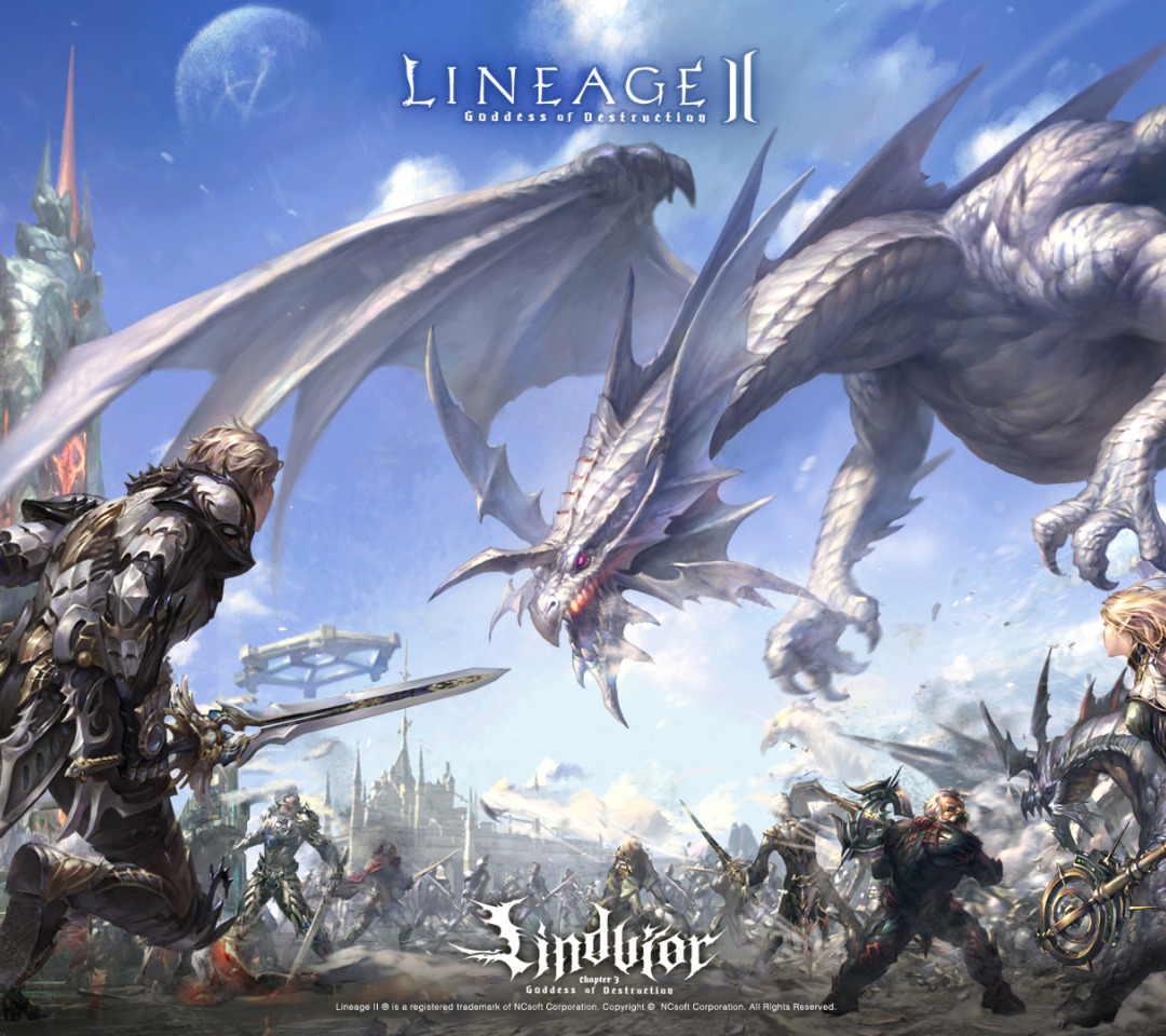 Скачать обои дракон, человек, эльфийка, Lineage 2, lineage, гном, линейка,  game wallpapers, раздел игры в разрешении 1080x960