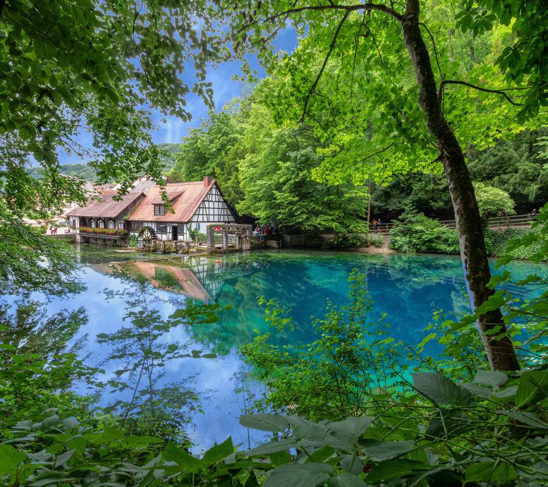 Скачать обои деревья, озеро, дом, Германия, Germany, Blaubeuren,  Блаубойрен, Blautopf, раздел пейзажи в разрешении 1080x960