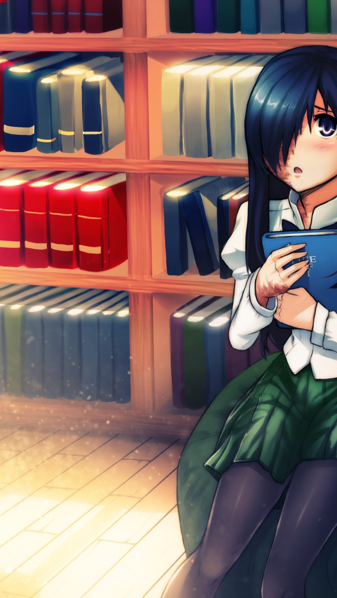 Скачать обои девушка, солнце, книга, библиотека, game, сидя, katawa shoujo,  ikezawa hanako, раздел аниме в разрешении 1082x1922