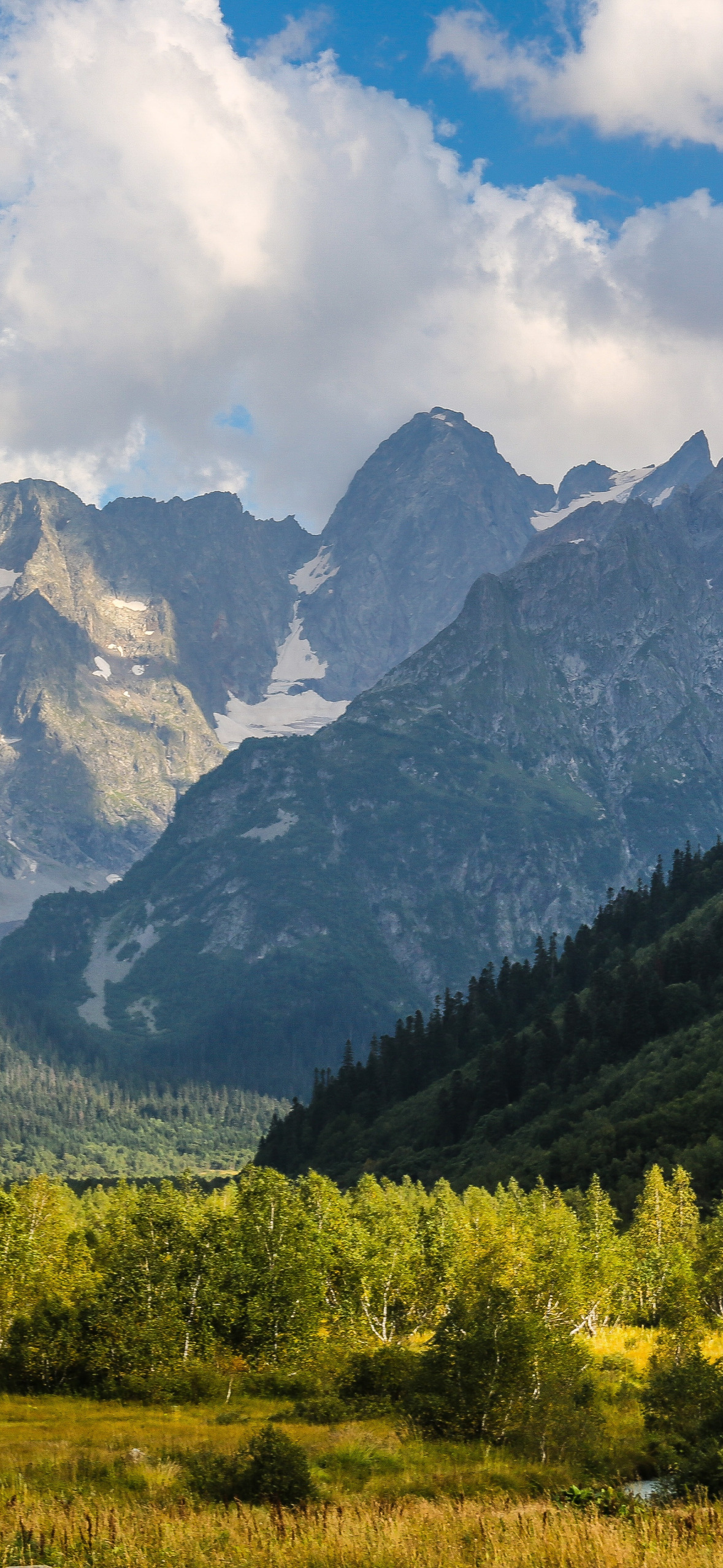 небо, облака, деревья, горы, природа, Северный Кавказ, Горные вершины, Гоначхир Чотча