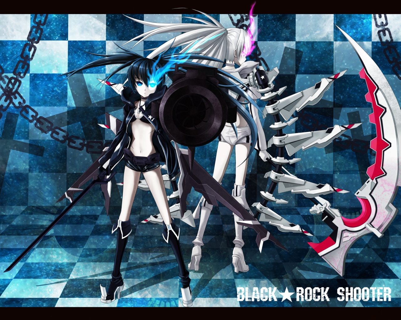 Скачать обои оружие, девушки, меч, аниме, арт, коса, цепи, black rock  shooter, раздел сэйнэн в разрешении 1280x1024