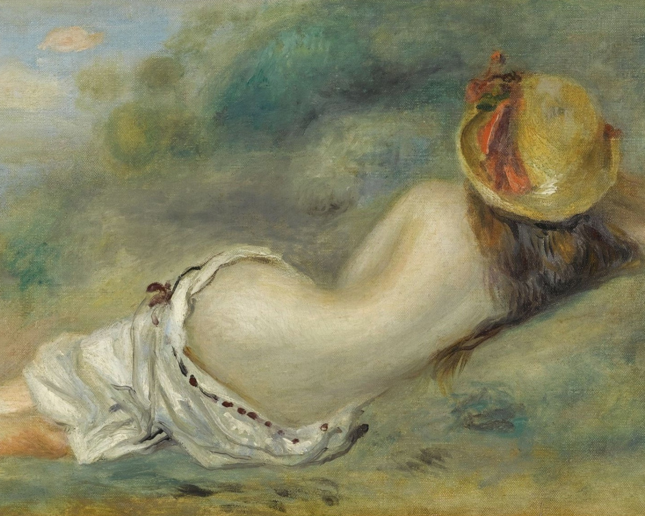 Скачать обои эротика, картина, 1892, Пьер Огюст Ренуар, Pierre Auguste  Renoir, Купальщица в Шляпе Лежит на Траве, раздел живопись в разрешении  1280x1024