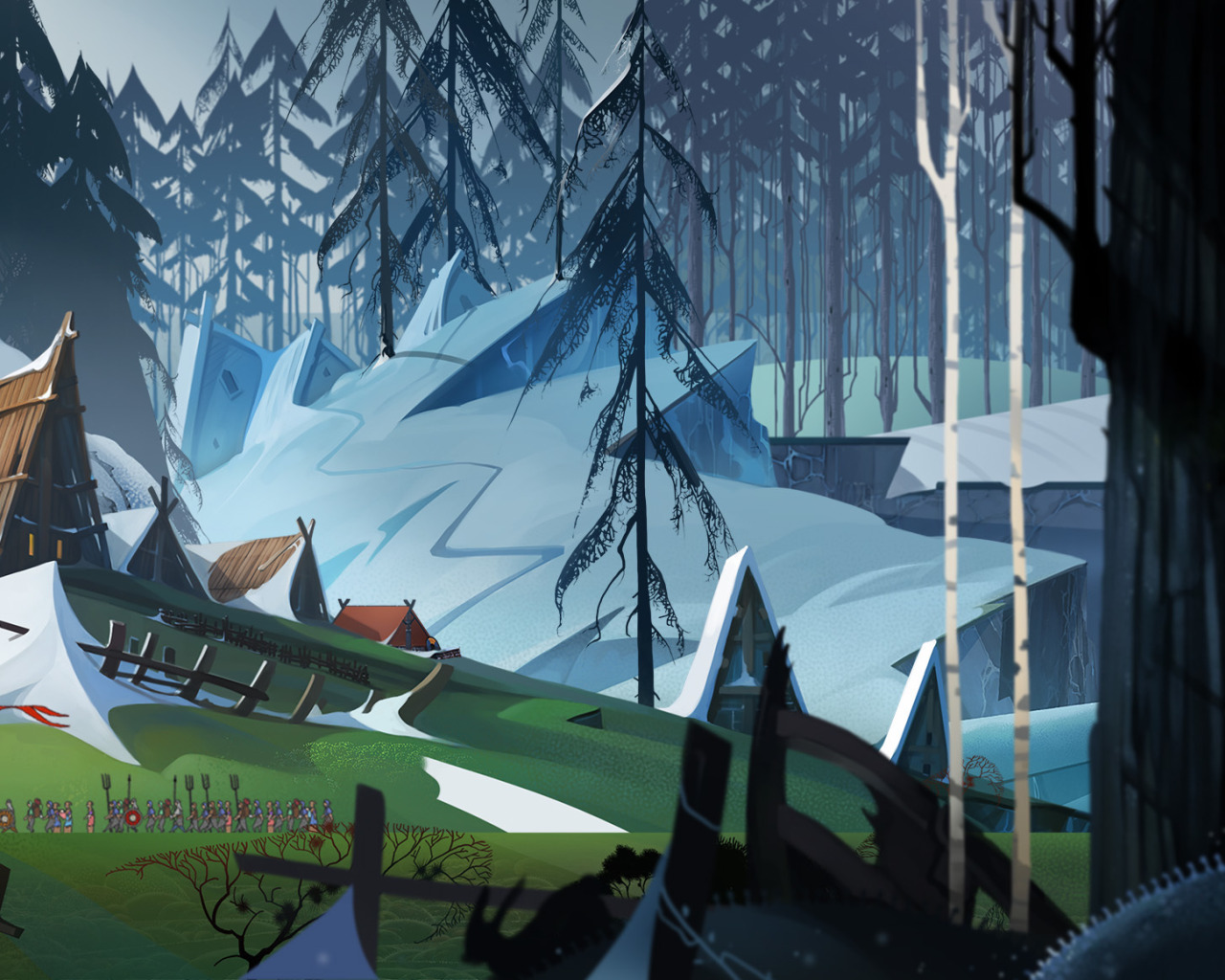 Ice forest. The banner Saga деревня. Лес banner Saga. Banner Saga 21:9. Banner Saga фоны.