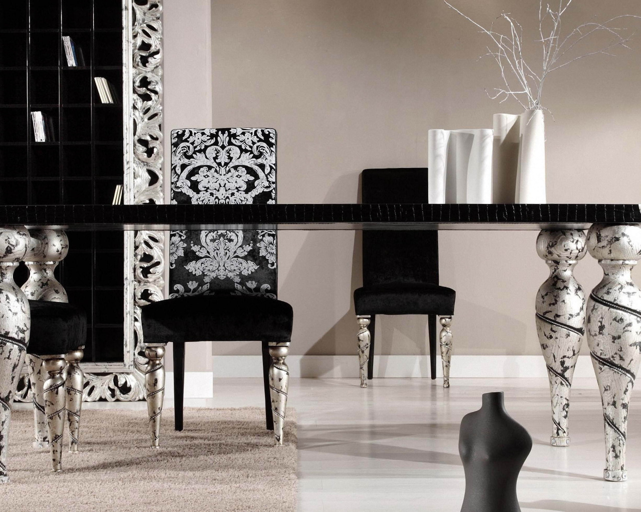 белый, дизайн, стиль, стол, комната, черный, интерьер, серебряный