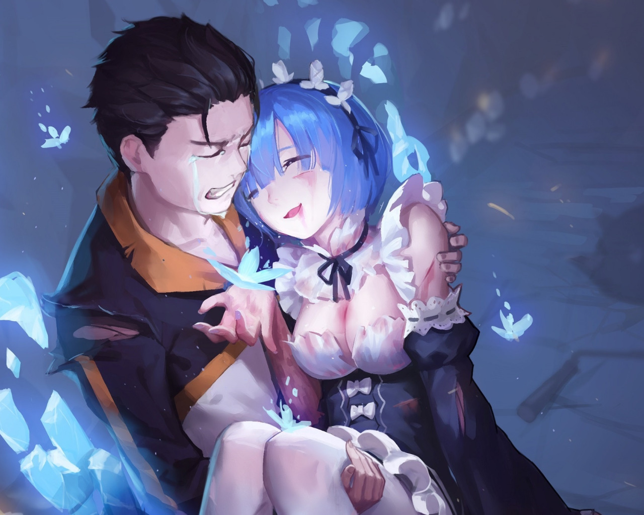 Скачать обои аниме, арт, драма, Субару, rem, re zero kara hajimeru isekai  seikatsu, Рем, natsuki subaru, раздел сёнэн в разрешении 1280x1024