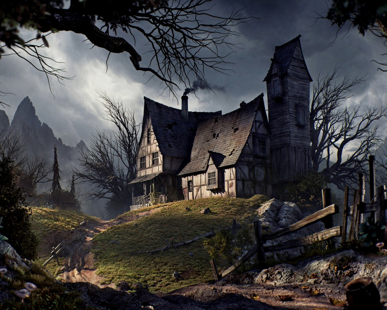 дорога, деревья, горы, забор, Halloween, хэллоуин, road, trees