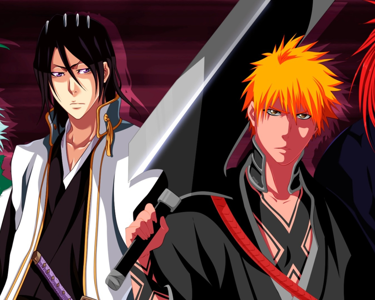 Скачать обои аниме, <b>Ichigo</b> Kurosaki, Toshiro Hitsugaya, Renji Abarai, Byaku...