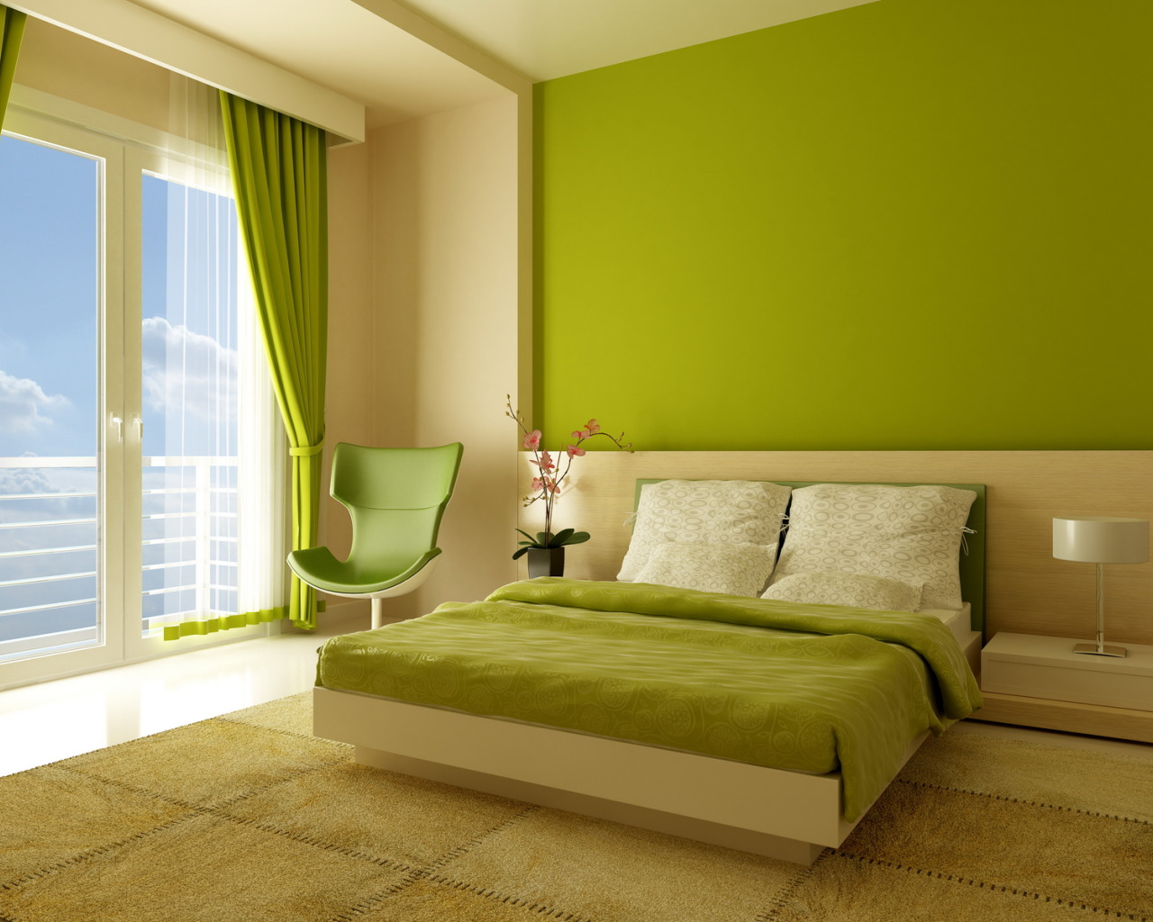 Дизайн комнаты с зеленым ковролином