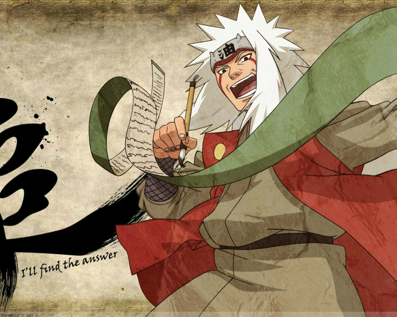 Скачать обои иероглиф, кисть, белые волосы, свиток, ninja, sensei, Jiraiya,...