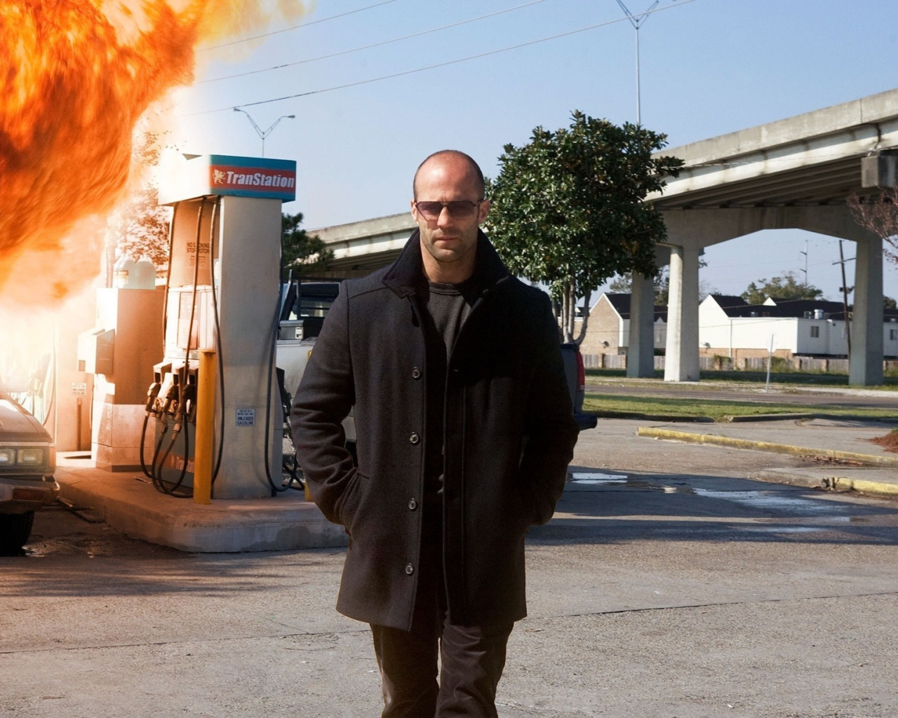 cinema, Hitman, fire, flame, Nissan, bridge, street, man