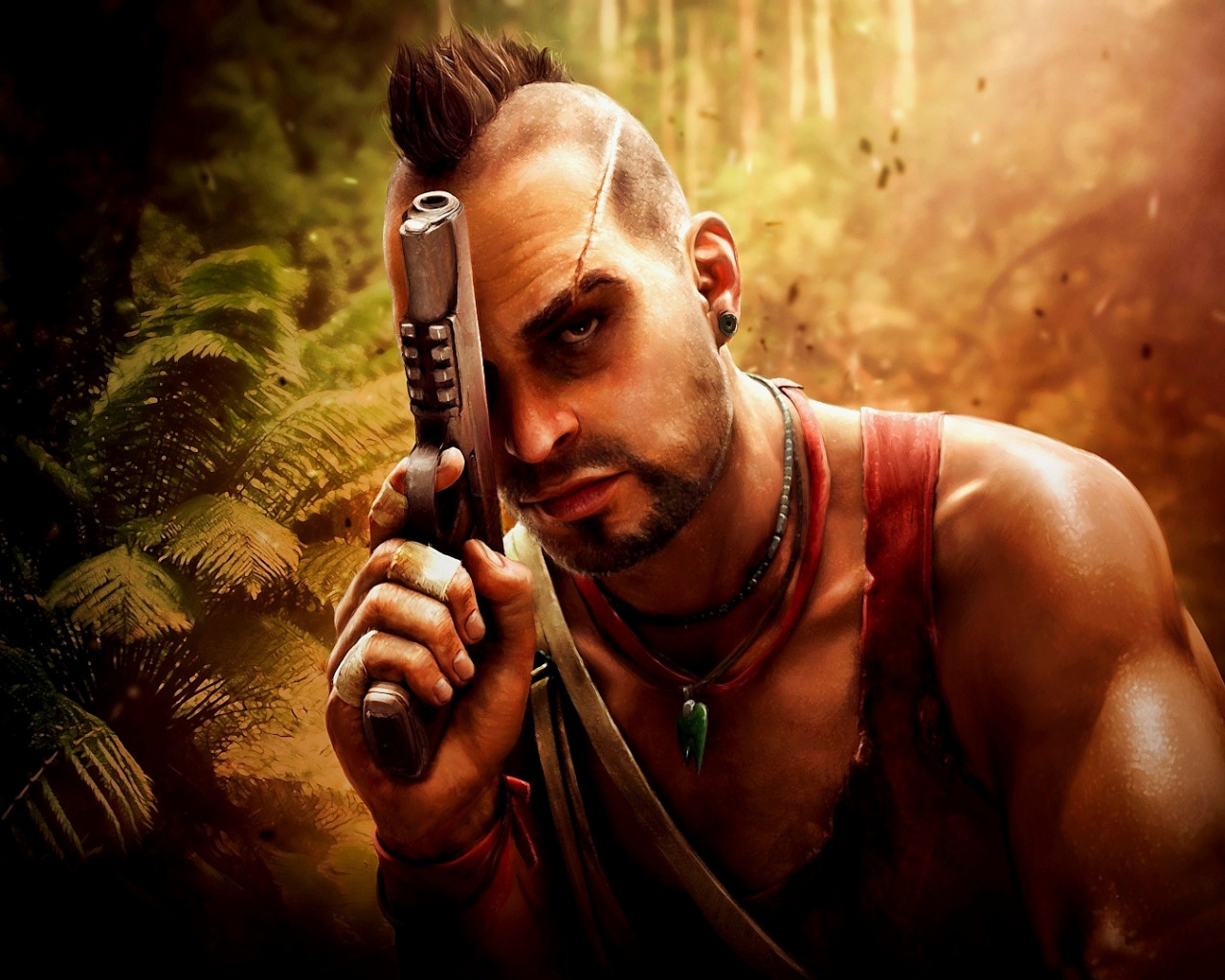 Скачать обои пистолет, обработка, джунгли, far cry 3, Ваас, фар край 3,  vaas, раздел игры в разрешении 1280x1024