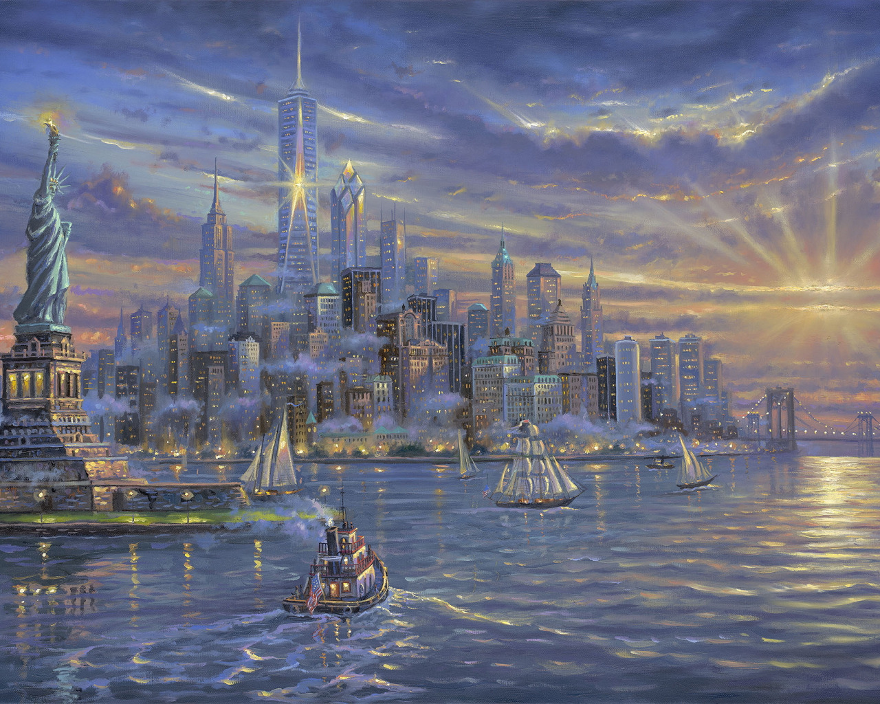 море, небо, облака, закат, корабль, здания, парусник, Нью-Йорк