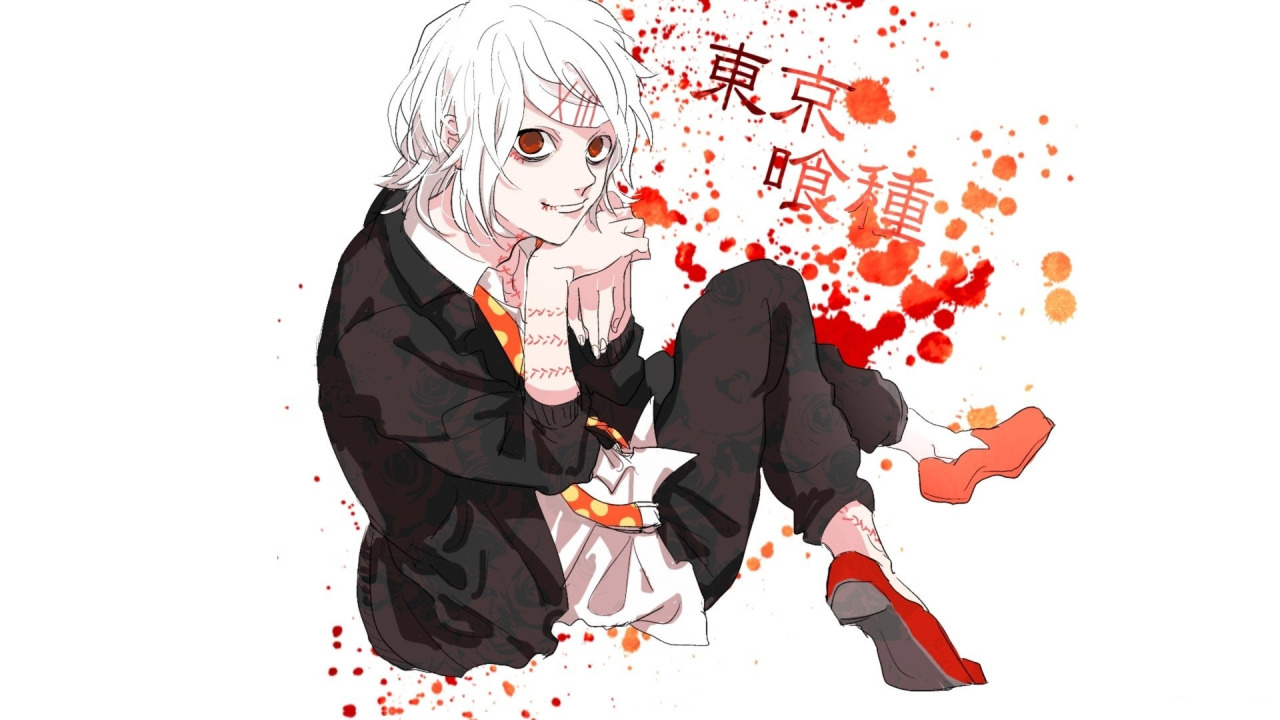 Скачать обои пятна, красные глаза, безумие, шрамы, Tokyo Ghoul, Juuzou  Suzuya, Токийский Монстр, адская ухмылка, раздел сёнэн в разрешении 1280x720