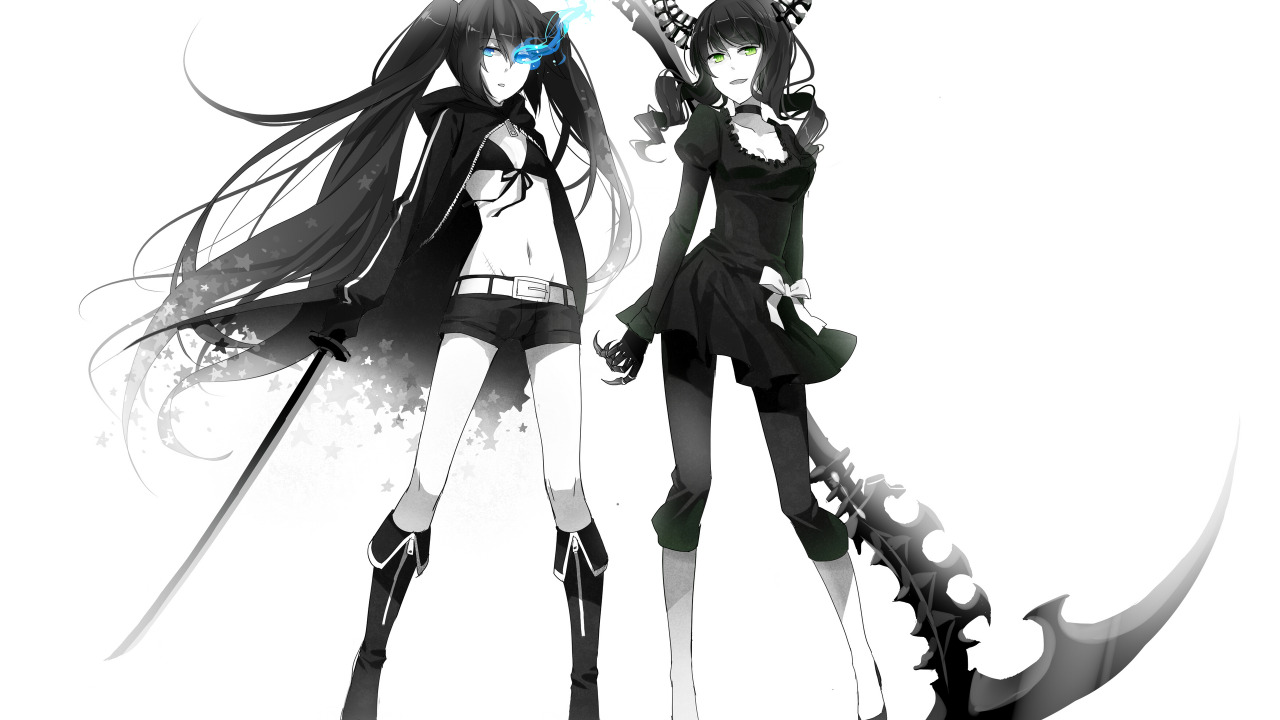 Скачать обои улыбка, оружие, девушки, катана, аниме, арт, рога, black rock  shooter, раздел сэйнэн в разрешении 1280x720