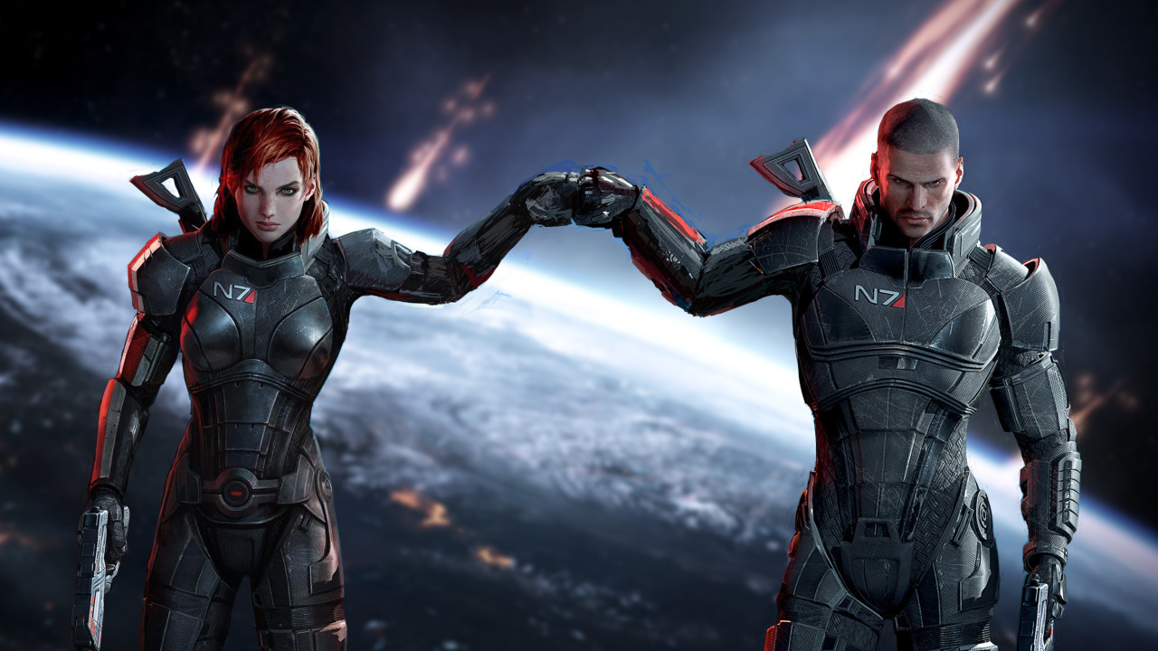 Скачать обои оружие, игра, арт, броня, John Shepard, Mass Effect, Jane  Shepard, раздел игры в разрешении 1280x720