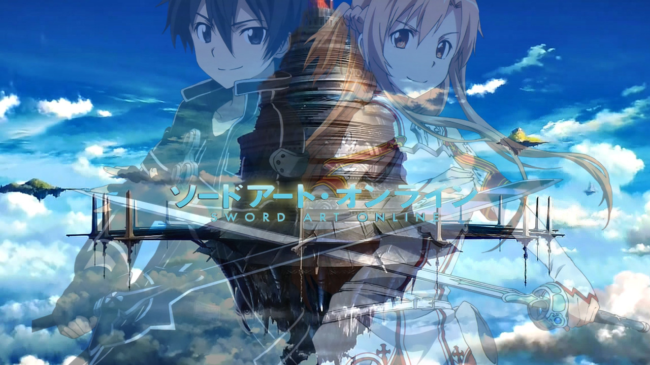 Скачать обои небо, облака, летающий остров, Yuuki Asuna, Sword Art Online,  Kirito, Kirigaya Kazuto, Мастера Меча Онлайн, раздел сёнэн в разрешении  1280x720