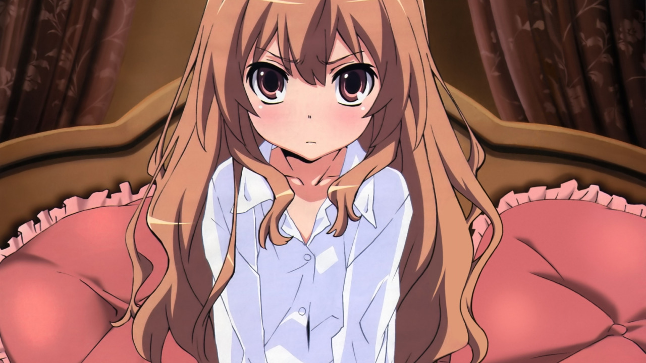 Скачать обои девушка, подушки, Аниме, рубашка, шторы, Aisaka Taiga, Toradora,  раздел прочее в разрешении 1280x720