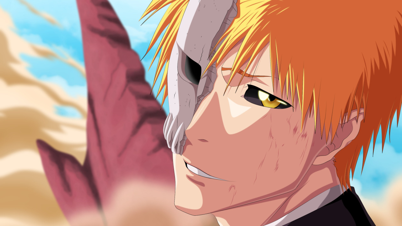 Скачать обои взгляд, лицо, маска, парень, Bleach, anime, art, ichigo  kurosaki, раздел сэйнэн в разрешении 1280x720