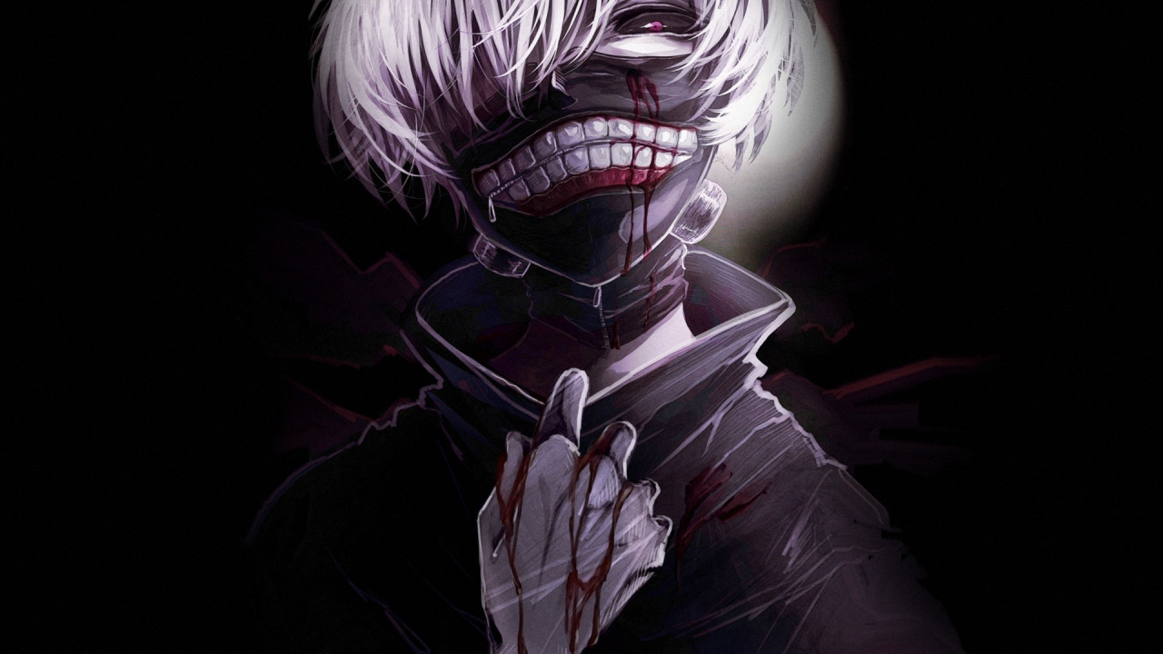 Скачать обои фон, кровь, маска, парень, anime, art, токийский гуль, Tokyo  Ghoul, раздел сэйнэн в разрешении 1280x720