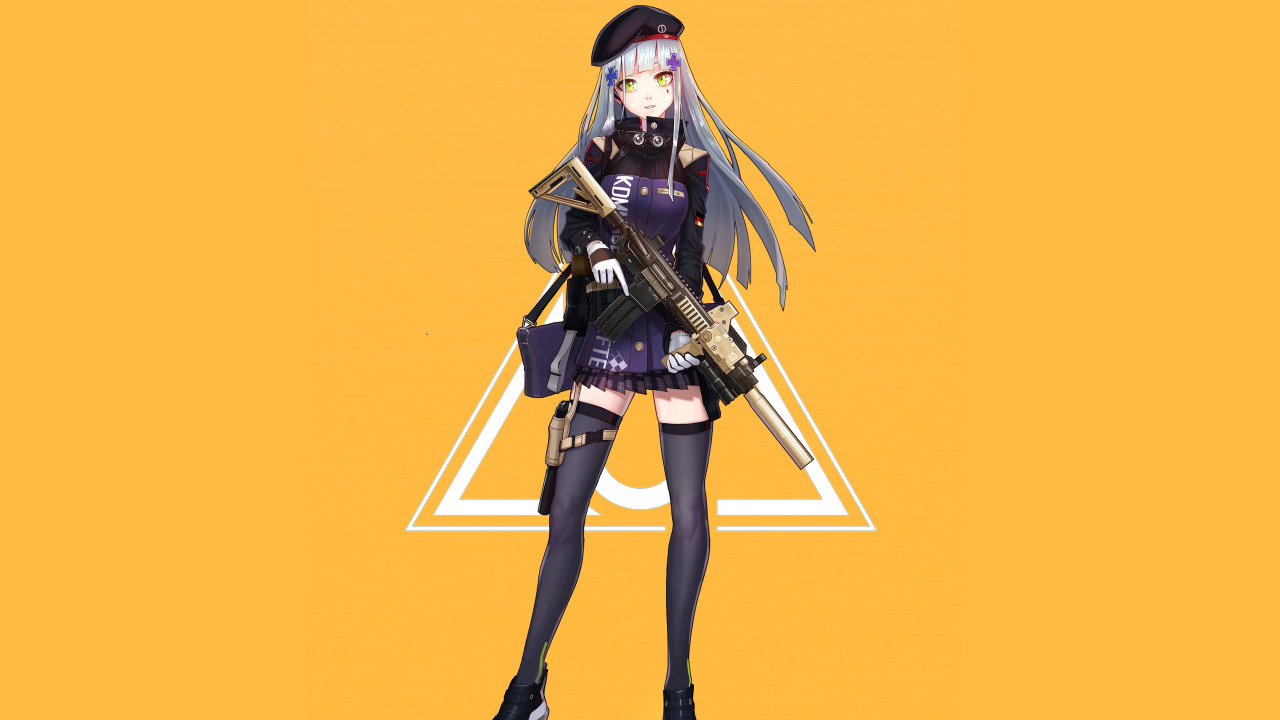 Скачать обои девушка, оружие, аниме, арт, жёлтый фон, Girls Frontline,  Девушки фронта, раздел сёнэн в разрешении 1280x720